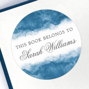 Elegant blue watercolor bookplate stickers