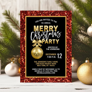 Elegant Christmas PARTY Black Gold Red Glitter Invitation