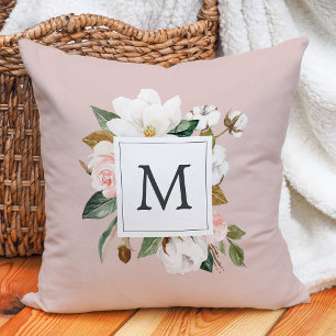 Elegant Magnolia   Blush Monogrammed Throw Pillow