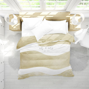 Elegant Modern Ocean Gold Stripes Mr. Mrs. Wedding Duvet Cover