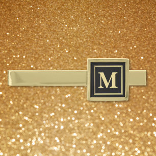 Elegant Monogram Classy Black and Gold Wedding Gold Finish Tie Bar