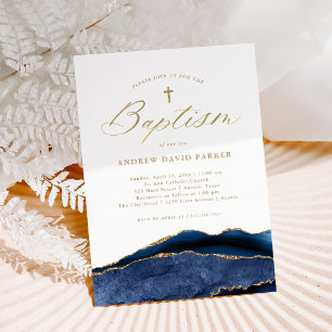 Elegant Navy Blue Agate with Gold Cross   Baptism Invitation