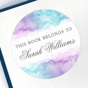 Elegant purple aqua watercolor bookplate stickers