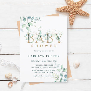 Eucalyptus Botanical Letter Gold Baby Shower Invitation