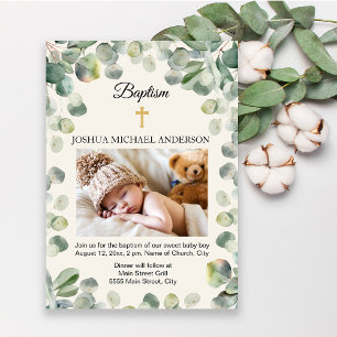 Eucalyptus Gold Cross Religious Baptism Photo Invitation