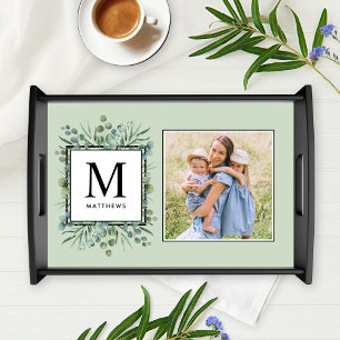 Eucalyptus Greenery Custom Family Monogram Photo Serving Tray