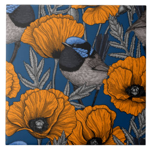 Fairy wrens and orange poppy flowers ceramic tile