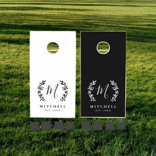 Family Monogram Name Black and White Cornhole Set