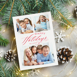 FAMILY MULTI PHOTO Happy Holidays calligraphy red  Holiday Card