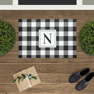 Farmhouse Black Custom Monogram Buffalo Plaid Doormat