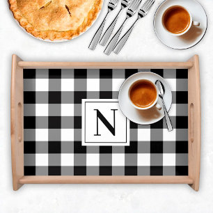 Farmhouse Black Gingham Check Plaid Monogram Serving Tray