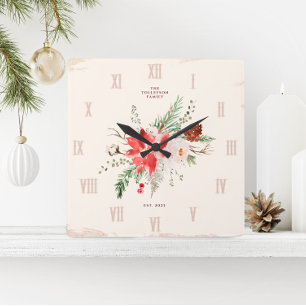 Farmhouse Christmas Winter Poinsettia Rustic Square Wall Clock