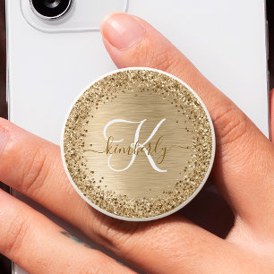 Faux Gold Brushed Metal Glitter Print Monogram PopSocket