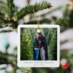 First Christmas Engaged   Minimal Engagement Photo Ceramic Ornament