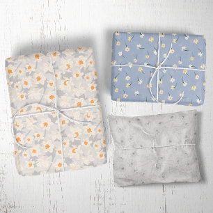 Floral Spring Daffodil   Blue and Gray Wrapping Paper Sheets