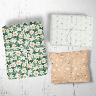 Floral Spring Daffodil   Green and Orange Wrapping Paper Sheets