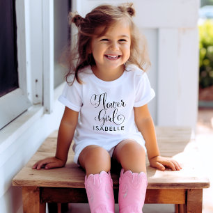 Flower Girl Black Modern Script Custom Wedding Baby T-Shirt