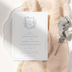 Formal Crest Dusty Blue Monogram Wedding Invitation