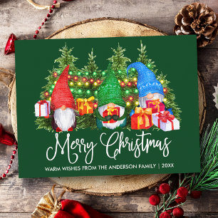 Fun Calligraphy Merry Christmas Gnomes Green Postcard