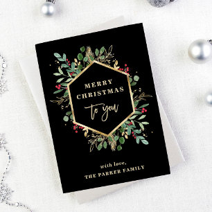 Gilded Greenery on Black   Merry Christmas Holiday Card