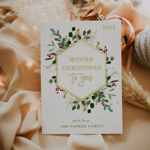 Gilded Greenery on White   Merry Christmas Foil Holiday Card