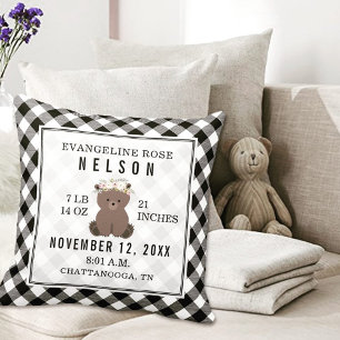 Gingham Black + White Bear Baby Girl Birth Stats Throw Pillow