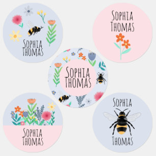 Girls Cute Summer Flowers & Bee School Name Kids' Labels