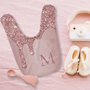 Girly Rose Gold Sparkle Glitter Drips Monogram Baby Bib