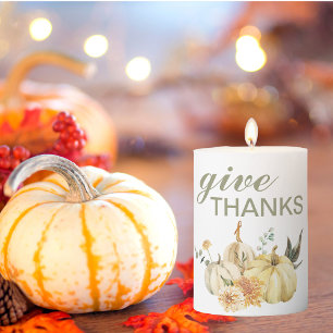 Give Thanks Watercolor Pumpkin Pillar Candle