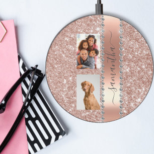 Glitter Look Monogram Rose Gold Diamond Photo Wireless Charger