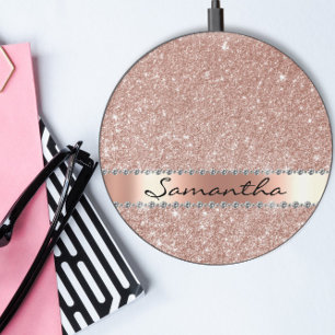 Glitter Look Monogram Rose Gold Diamond  Wireless Charger