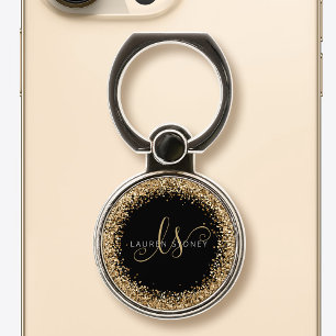 Gold Glitter Glam Monogram Name Phone Ring Stand