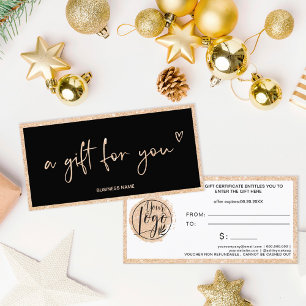 Gold glitter heart black logo gift certificate