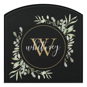 Gold Monogram Botanical Elegant Script Black Door Sign