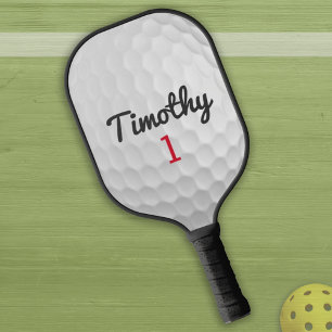 Golf Ball Dimples and Black Name Red Number Pickleball Paddle