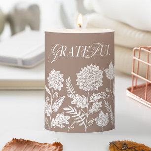 Grateful Fall Foliage Autumn Flowers Taupe Pillar Candle