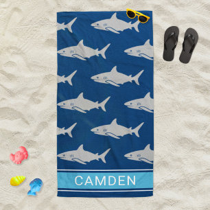 Great White Sharks Navy Blue Custom Name Beach Towel