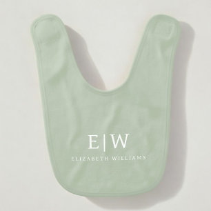 Green Sage Modern Script Girly Monogram Name Baby Bib