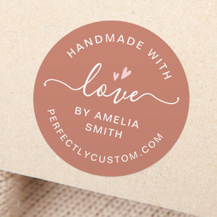 Handmade with love heart name URL terracotta brown Classic Round Sticker