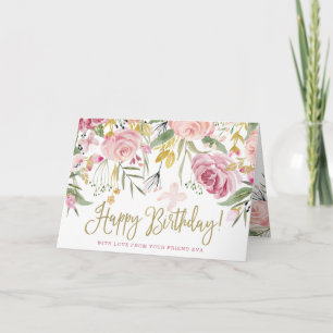 Happy Birthday   Gold and Blush Pink Flowers Card