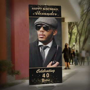 Happy Birthday Photo Party Event Gold Black Custom Retractable Banner