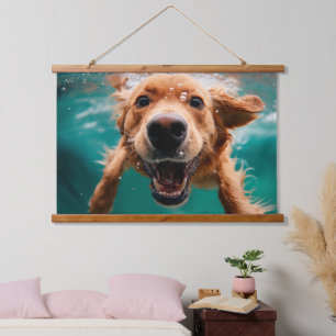 Happy Golden Retriever Swimming Underwater Hanging Tapestry