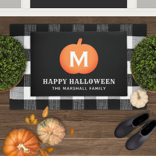 Happy Halloween Orange Pumpkin Custom Initial Doormat