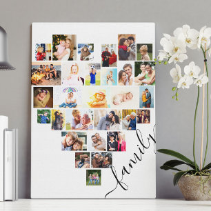 Heart Shaped Photo Collage Family Script White Canvas Print