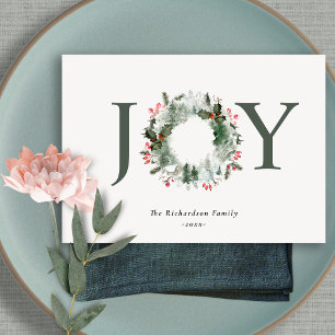 Holly Berries Pine Tree Joy Christmas Wreath Holiday Card