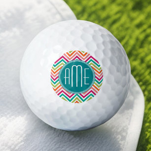 Hot Pink Teal Orange Chevrons Custom Monogram Golf Balls