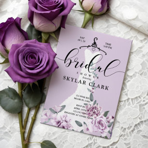 Lavender Florals White Wedding Dress Bridal Shower Invitation