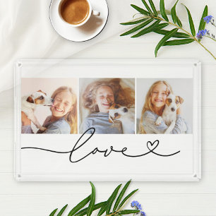 Love in Black Heart Script Custom Photo Collage Acrylic Tray