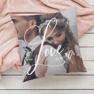 Love in Elegant Script   Two Photo with Heart Throw Pillow