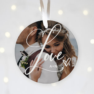 Love in Elegant Script   Two Photos with Heart Ceramic Ornament